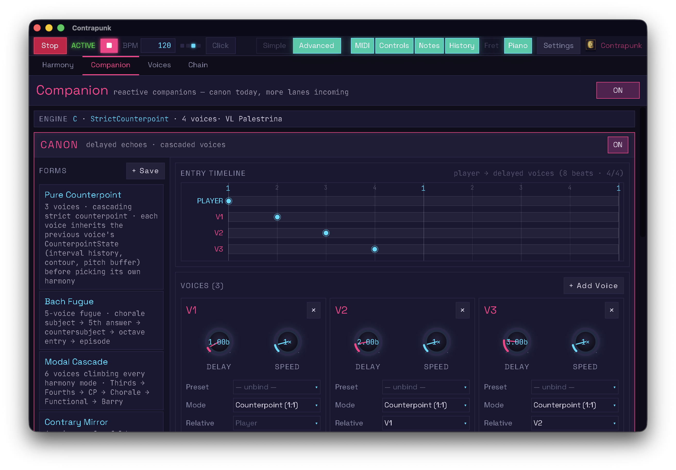 Pure Counterpoint · 3-voice stateful cascade · each voice inherits the prior voice's history