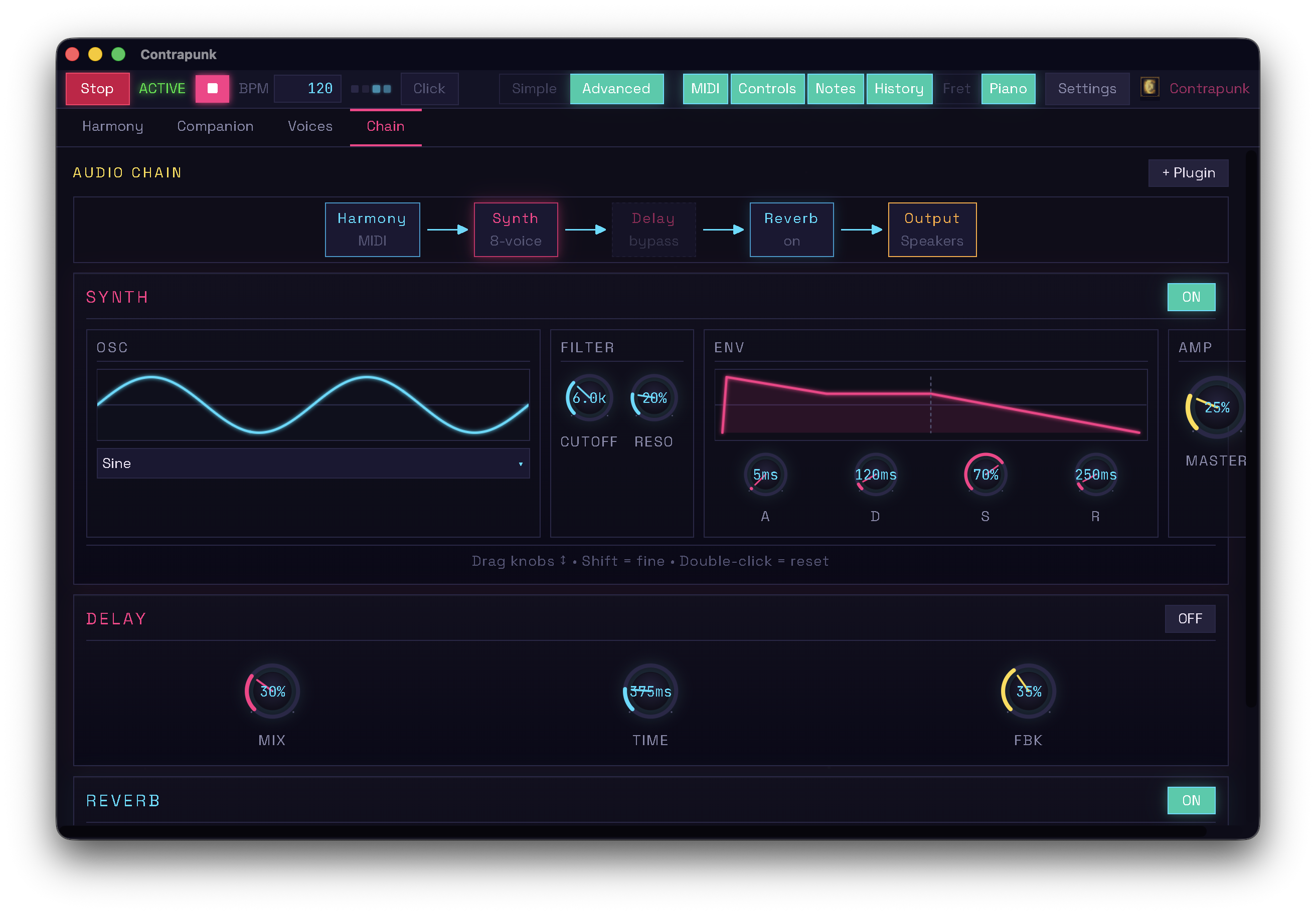 Audio chain · synth · filter · ADSR · delay · reverb
